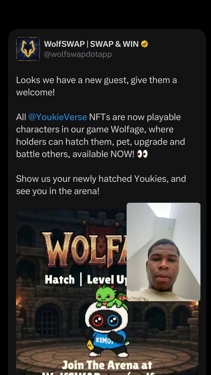 The focus of this image is a screenshot of a mobile device screen that shows an announcement for Wolfswap. The post includes text discussing the addition of more nft collection to the game, inviting players to "Welcome" via a Twitter message from YoukieVerse NFTs. It also mentions a character named "Hatch" and an update related to leveling up in the game. The screen displays the image of two persons with one being the poster for Wolfswap.