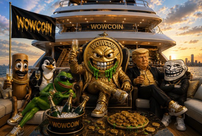 A satirical AI-generated illustration featuring meme characters including Pepe the Frog, a Trollface, a penguin, a wooden figure, and a Donald Trump lookalike on a yacht branded with 'WOWCOIN' flags and gold coins.