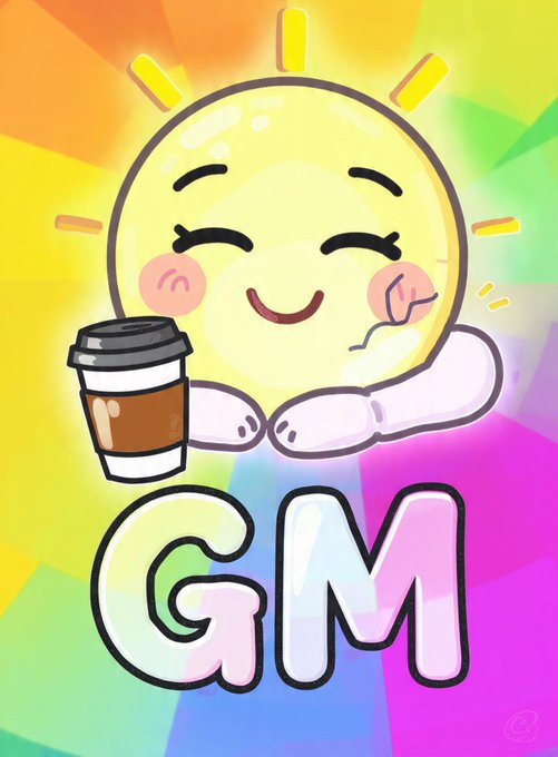 A cheerful cartoon sun character holding a coffee cup with the text 'GM' (good morning) displayed below.