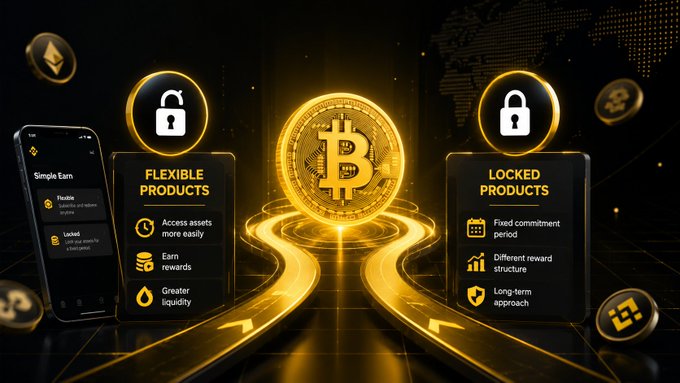 This image showcases Binance's "Simple Earn" feature, contrasting "Flexible Products" with "Locked Products" for earning crypto rewards. The Bitcoin symbol is prominently displayed, symbolizing the underlying asset.