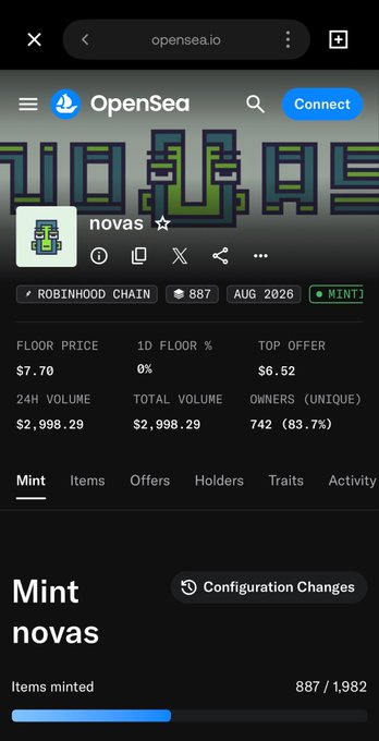 A mobile screenshot of the OpenSea NFT marketplace showing a collection called 'novas' on the Robinhood Chain with a floor price of $7.70 and 887 items minted.