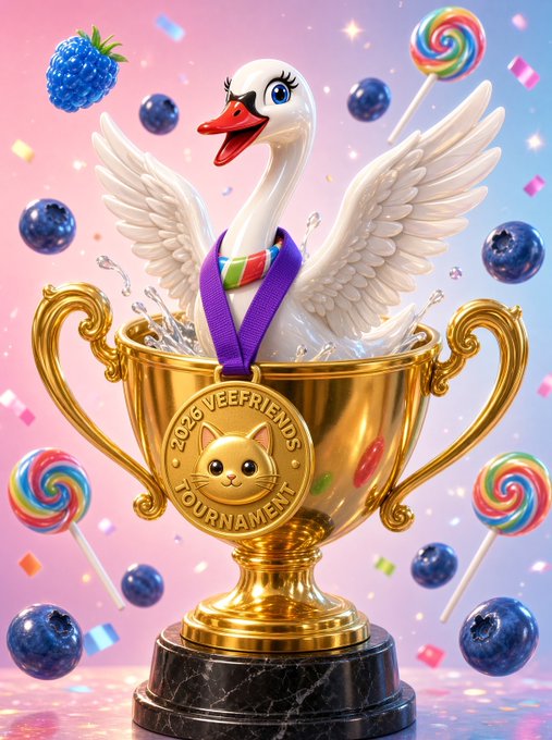 A 3D rendered illustration of a white swan with a red beak wearing a rainbow medal, emerging from a golden trophy that reads '2026 VEEFRIENDS TOURNAMENT', surrounded by blueberries and lollipops.