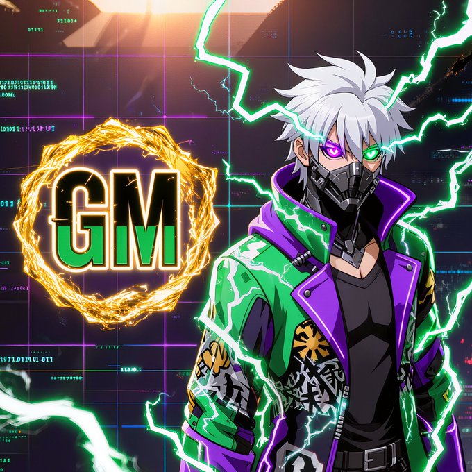 An anime-style illustration of a white-haired character wearing a mask, green and purple jacket, with glowing green lightning effects and a 'GM' logo surrounded by a fiery ring.
