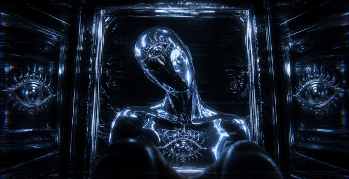 A glossy chrome humanoid figure with an all-seeing eye motif is framed by ornate mirrored panels, evoking an opulent, surreal aesthetic. This contrasts with the second artist referenced, whose free mint (@0xNTRPY) appears to be a more abstract or minimal style, highlighting the two artists' contrasting approaches.