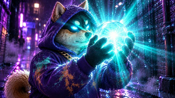Anthropomorphic fox-dog character in a purple hoodie channels a glowing blue energy orb in a neon-lit cyberpunk alley. The mystical, oracle-like imagery visually reinforces the post's pitch of $PROPHET as a meme-meets-prediction-market interface, with the glowing orb symbolizing the prophecy/prediction power the project centers on.