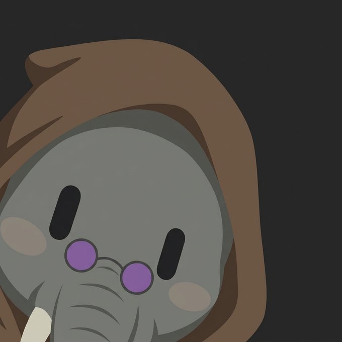 A cartoon-style gray elephant wearing a brown hooded cloak and small round purple glasses peers downward against a dark background.