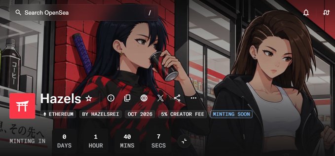 The image is an OpenSea countdown page for the "Hazels" NFT collection by @0xhazels on Ethereum, showing "Minting Soon" with 1 hour, 40 minutes, and 7 seconds remaining, alongside anime-style character artwork featuring two women. The post directly ties to the image as it announces the imminent GTD (Guaranteed) mint opening on OpenSea, with the 2-hour reference matching the countdown timer visible in the artwork.