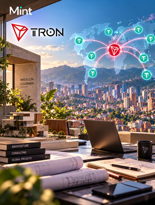 A promotional graphic for Mint and TRON featuring a laptop and architectural drawings on a desk overlooking the city of Medellín, Colombia, with a world map showing TRON (TRX) connections.