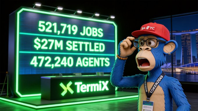 A 3D-rendered blue monkey character wearing a red 'BAYC' cap stands beside a glowing green digital billboard displaying '521,719 JOBS, $27M SETTLED, 472,240 AGENTS' above the 'Termix' logo.