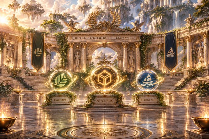 A fantasy digital artwork of an ornate temple with the motto 'BUILD · DISTRIBUTE · EMPOWER' and three glowing symbols on pedestals labeled 'CANOPY', 'NUCLEUS', and 'ETHIRA SHIP'.