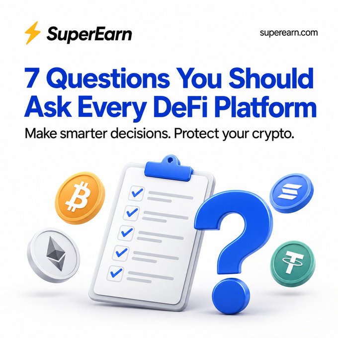 A graphic for SuperEarn.com titled "7 Questions You Should Ask Every DeFi Platform" with the subtitle "Make smarter decisions. Protect your crypto," featuring a clipboard with checkmarks, a large question mark, and floating cryptocurrency coins like Bitcoin, Ethereum, Solana, and Tether.