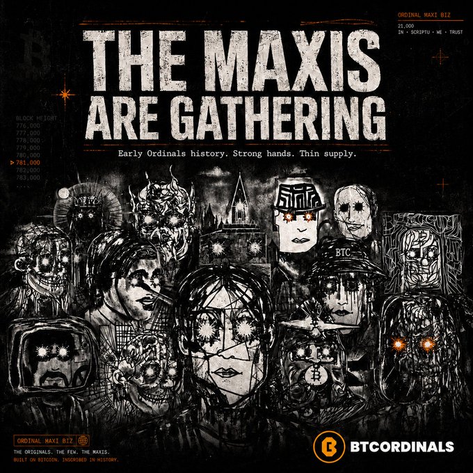 A promotional poster titled 'THE MAXIS ARE GATHERING' featuring dark, stylized character illustrations with glowing eyes, promoting 'ORDINAL MAXI BIZ' NFTs with BTCORDINALS branding.