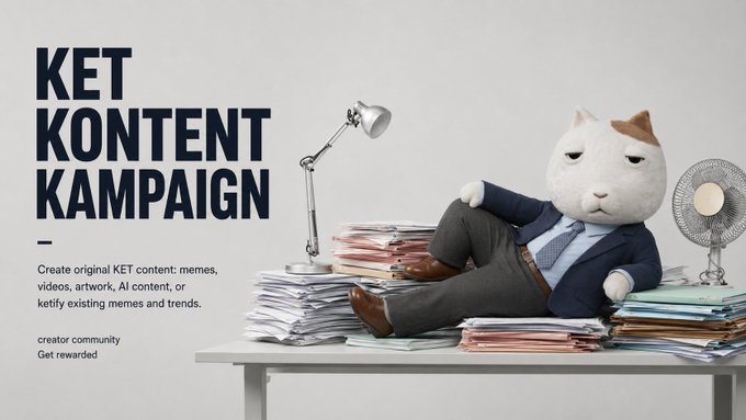A promotional graphic for 'KET KONTENT KAMPAIGN' featuring a plush cat in a suit sitting on stacks of papers, encouraging creators to make memes and ketify content for rewards.