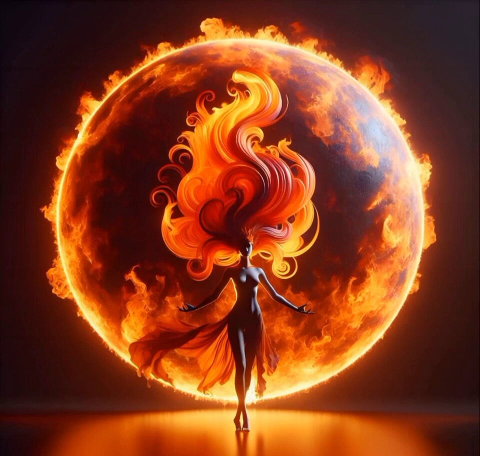 The image depicts a woman with long hair standing in front of a burning planet or ball, surrounded by fire, with the planet's surface appearing orange. There are no other objects present in the scene, and the woman seems to be the main focus. The backdrop is a black background that accentuates the fiery elements of the image. The caption provided does not seem relevant to the image; however, one can still see the importance of these objects and their association with the image's context.