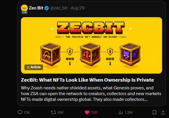 A ZecBit social media post promotes 'The Private NFT Market on Zcash' with pixel-art treasure chest graphics and text explaining how ZSA can open the network to creators and collectors.