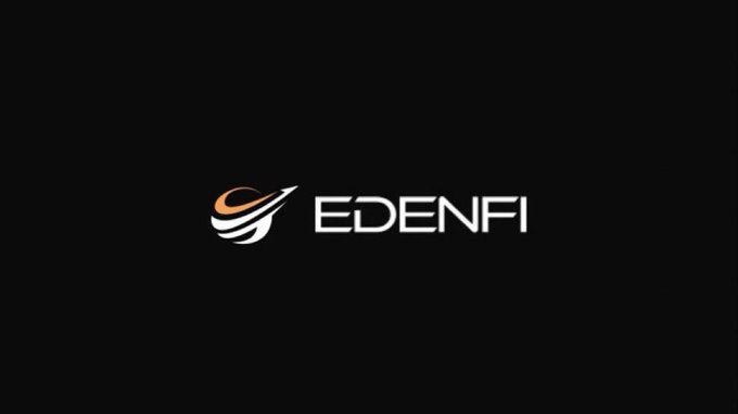 A minimalist logo on a black background displaying the word 'EDENFI' in white next to an orange and white stylized swirl icon.