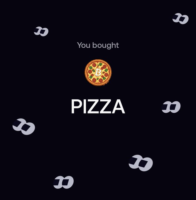 A dark screen displays "You bought PIZZA" beneath a Bitcoin logo designed as a pizza, surrounded by scattered Dodge (D) coin logos.