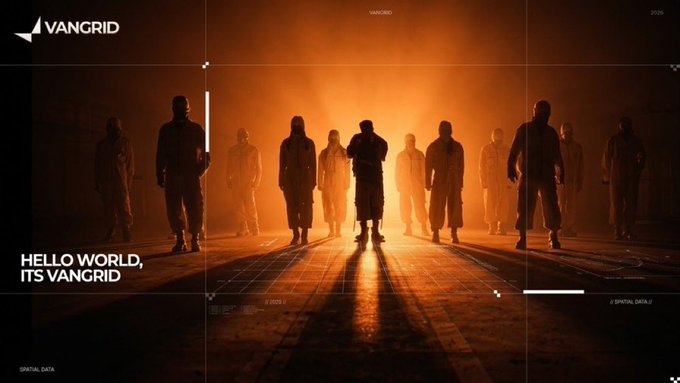 A dark promotional banner for 'VANGRID' featuring the text 'HELLO WORLD, IT'S VANGRID' alongside silhouetted figures walking toward a bright orange light source.