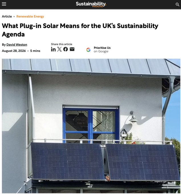 A Sustainability Magazine article titled 'What Plug-in Solar Means for the UK's Sustainability Agenda' by David Weston, dated August 28, 2026, featuring a photo of solar panels mounted on a balcony of a residential building.