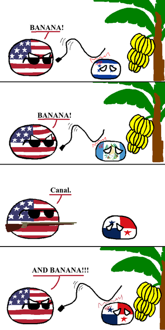 A four-panel comic featuring USA-themed countryball characters, where the USA uses a whip to demand 'BANANA!' from smaller countryballs, eventually shooting them with a rifle, then later forcing them for 'Canal' and 'AND BANANA!!!' near a banana tree.