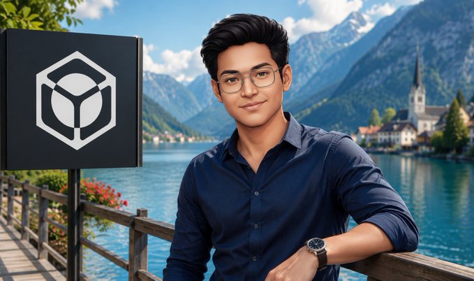 A 3D-rendered avatar of a smiling young man with glasses in a dark blue shirt, posed beside a large crypto-style hexagonal logo sign with an Alpine lake village in the background.