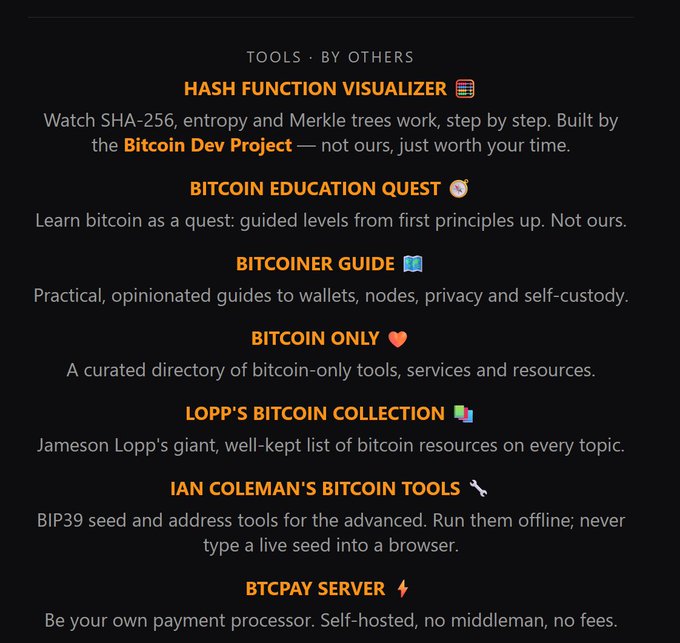 A dark webpage section titled 'TOOLS · BY OTHERS' listing bitcoin-related resources like 'HASH FUNCTION VISUALIZER', 'BITCOIN EDUCATION QUEST', and 'BTCPAY SERVER', each with a brief description.