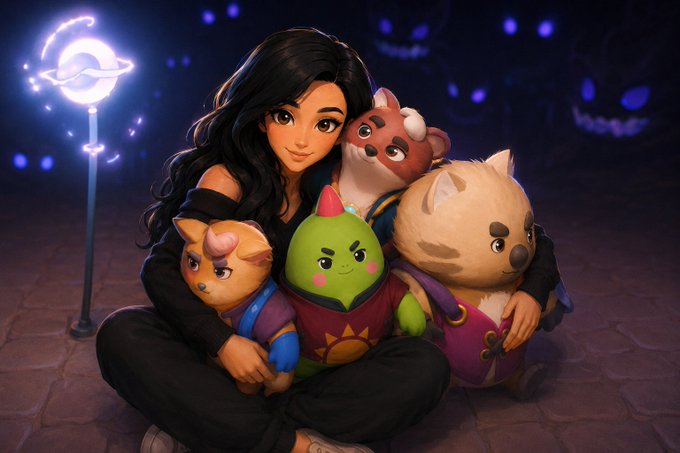 A stylized 3D animated character with long dark hair sits surrounded by four cute animal companions (a bear, a green creature, a dog, and a hamster), set against a dark background with glowing jack-o'-lanterns.