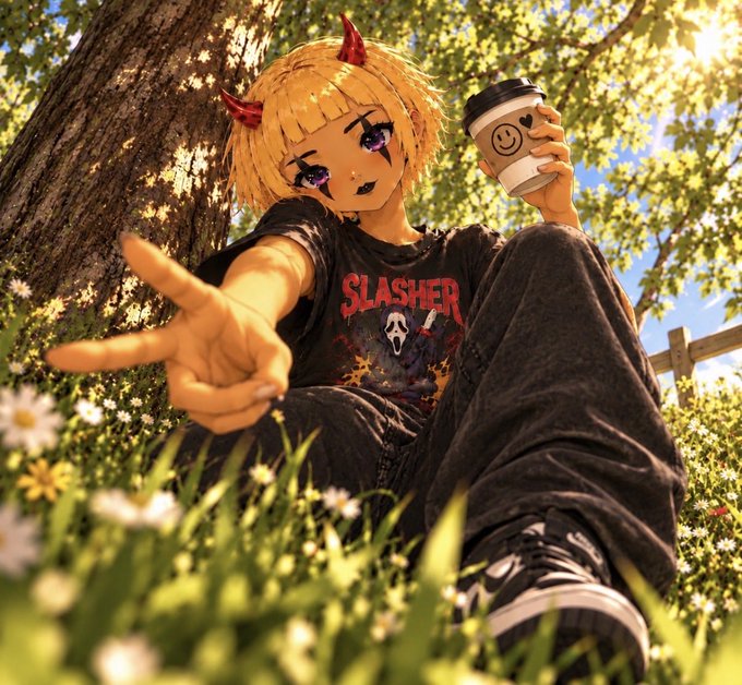 An anime character with blonde hair, red horns, and a 'SLASHER' t-shirt sits under a tree holding a coffee cup and reaching toward the viewer.