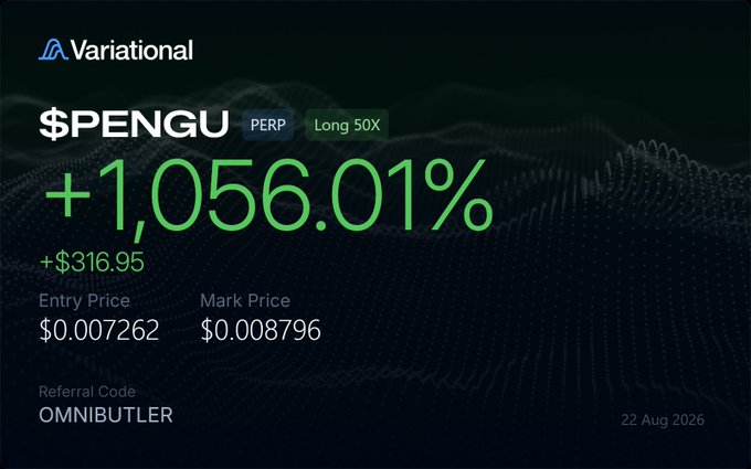 A Variational trading interface showing a $PENGU PERP long position at 50X leverage with a +1,056.01% gain (+$316.95), entry price $0.007262 and mark price $0.008796, dated 22 Aug 2026 with referral code OMNIBUTLER.