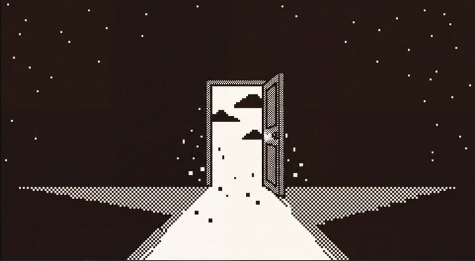 A black-and-white pixel art illustration depicts an open door revealing a night sky with stars, with light spilling outward and dark clouds visible through the doorway.