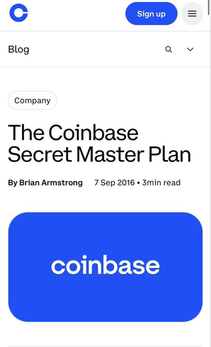A screenshot of a Coinbase blog article titled 'The Coinbase Secret Master Plan' by Brian Armstrong, dated 7 Sep 2016, featuring the blue Coinbase logo.