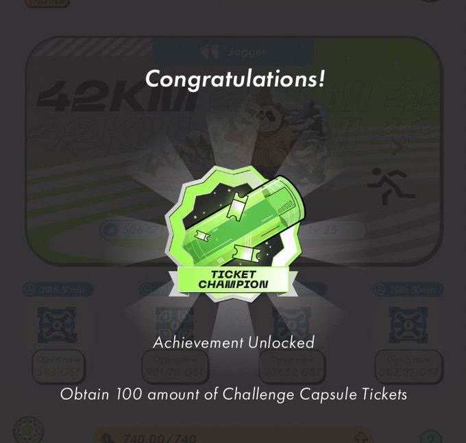 A mobile app screen displaying a 'Congratulations!' achievement unlocked for obtaining 100 Challenge Capsule Tickets, earning a 'Ticket Champion' badge with a 42km Jogger theme background.