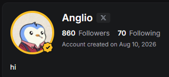 The image shows a profile for "Anglio" with 860 followers and 70 following, created on Aug 10, 2026, featuring a penguin avatar and a simple "hi" bio. It relates to the post by highlighting the account's current follower count, showing they are 140 followers away from reaching the 1000-follower milestone that will trigger their promise to send money to followers.