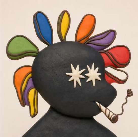 A colorful sculpted figure with a black head, star-shaped eyes, rainbow petal-like protrusions around its head, and a striped smoking pipe in its mouth.