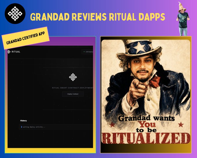 A YouTube thumbnail titled 'GRANDAD REVIEWS RITUAL DAPPS' featuring Uncle Sam pointing with the text 'Grandad wants YOU to be RITUALIZED' alongside a screenshot of the Ritual app.