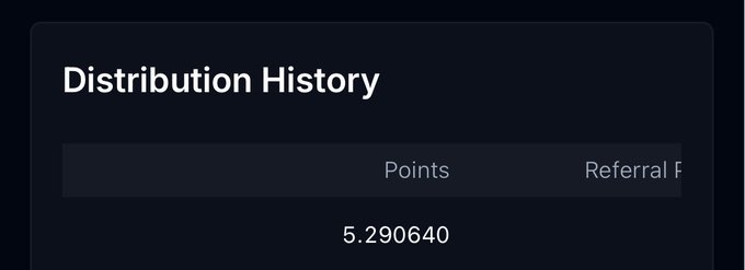 A dark-themed digital interface displays a 'Distribution History' section showing a points value of '5.290640' next to a partially visible 'Referral' column.