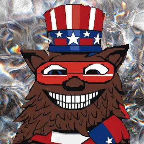A cartoonish brown furry creature with a wide, menacing grin wearing a red, white, and blue Uncle Sam top hat and domino mask, set against a crinkled silver foil background, satirically personifies the "evil cabal" and manipulative influencers referenced in the post about the XRPL community being misled by gatekeepers chasing the next ledger launch.