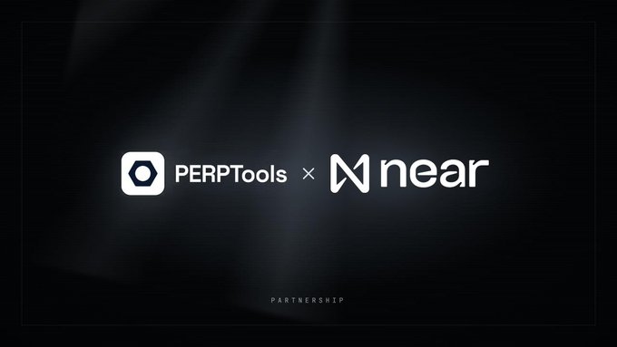A dark promotional graphic announcing a partnership between PERPTools and NEAR, featuring both companies' logos separated by a multiplication symbol, with the word "PARTNERSHIP" displayed below—visually summarizing the collaboration between the two crypto/AI platforms mentioned in the post about autonomous AI agents operating onchain.