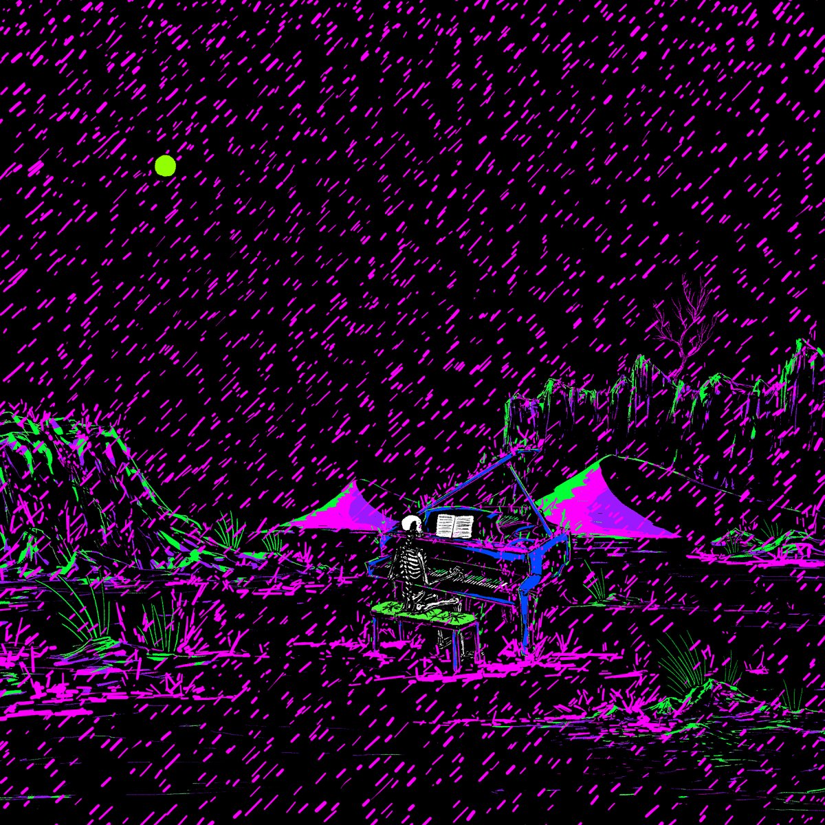 The image features a purple piano with a green book sitting on top of it, surrounded by a dark background that includes a sky filled with stars and rain falling from the clouds. The post appears to be promoting a product or service related to music, as indicated by the title "Live now on superrare / reserve 0.1 eth".