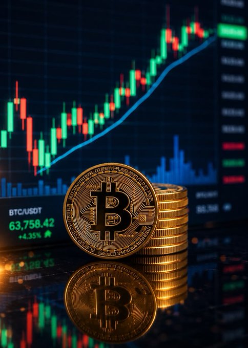A 3D render of stacked gold Bitcoin coins placed in front of a trading chart displaying BTC/USDT at 63,758.42 with a +4.35% gain.