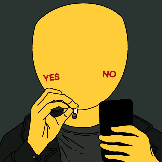 A cartoon illustration of a yellow-skinned character holding a cigarette, with "YES" written near the cigarette and "NO" written near a smartphone in the other hand.