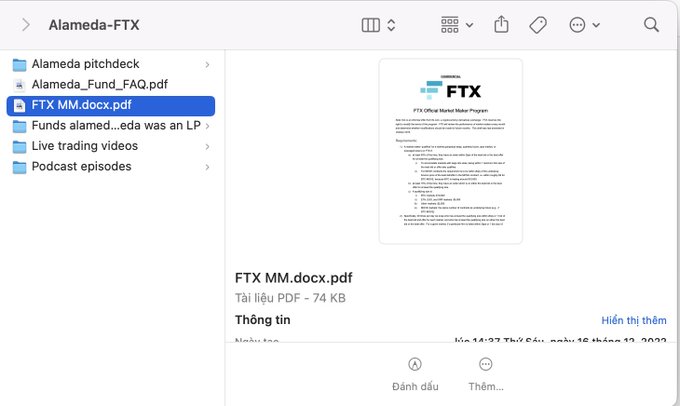 A file directory labeled 'Alameda-FTX' shows documents including 'Alameda pitchdeck', 'Alameda_Fund_FAQ.pdf', and a highlighted 'FTX MM.docx.pdf' file with the FTX Official Market Maker Program visible.