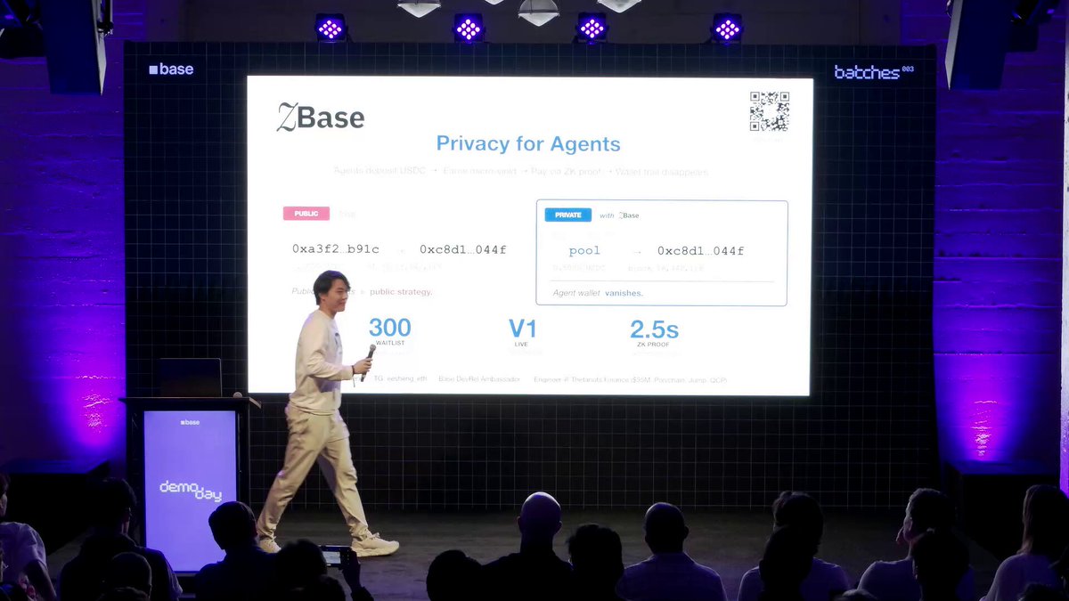The image shows a man standing behind a podium at an event, presenting information about Base to an audience of people sitting in front of him. The man appears to be speaking into a microphone, which can be seen near his mouth. The attendees are attentively listening and watching as he delivers the presentation.