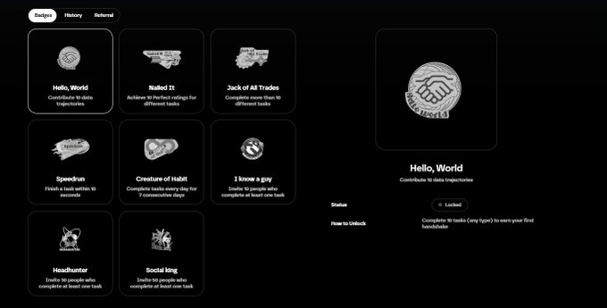 A dark-themed achievement badge menu from a web interface showing various badges like 'Hello, World', 'Nailed It', 'Speedrun', and 'Social king', with the 'Hello, World' badge selected, requiring a user to complete 10 data importances.