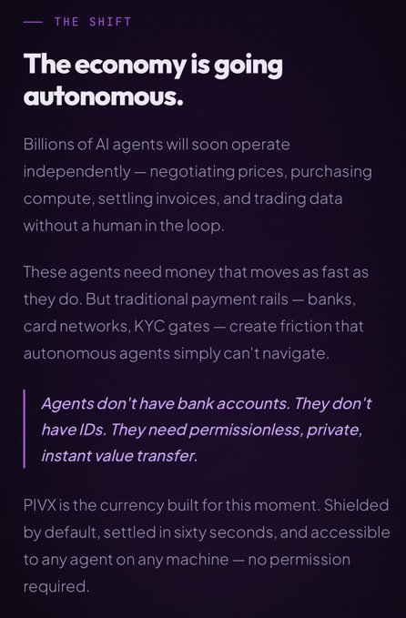 Article titled 'THE SHIFT: The economy is going autonomous' discussing how AI agents need permissionless currency, promoting PIVX as a solution.