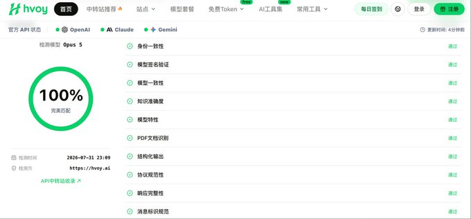A screenshot of the hvoy website displays a dashboard showing "100% 完美匹配" (Perfect Match) for API status checks across providers OpenAI, Claude, and Gemini, with a list of passed tests including identity consistency, model naming, and PDF document recognition, timestamped 2026-07-31 23:09.