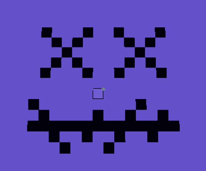 A pixel-art style angry face on a purple background with black X-shaped eyes, jagged teeth, and a square nose.