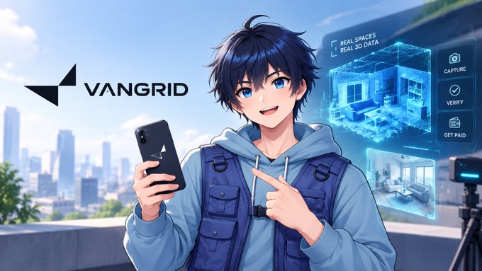 An anime-style illustration shows a character holding a smartphone with the 'VANGRID' logo, alongside a 'Real Spaces Real 3D Data' interface featuring Capture, Verify, and Get Paid options with holographic room visualizations.