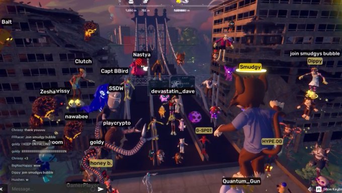 A screenshot of a post-apocalyptic virtual world game called 'OFF THE GRID' showing numerous player avatars with usernames like 'Smudgy', 'Clutch', and 'Bait' displayed above them.