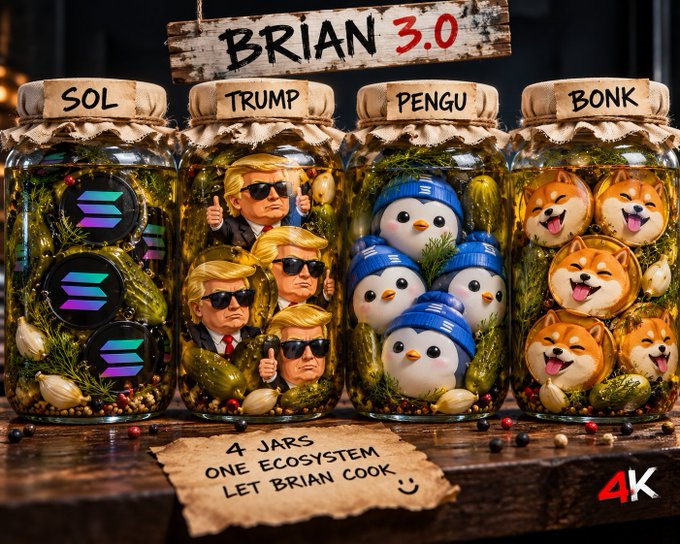 An AI-generated image showing four jars labeled 'SOL', 'TRUMP', 'PENGU', and 'BONK' under a 'BRIAN 3.0' sign, with the tagline '4 JARS, ONE ECOSYSTEM, LET BRIAN COOK'.
